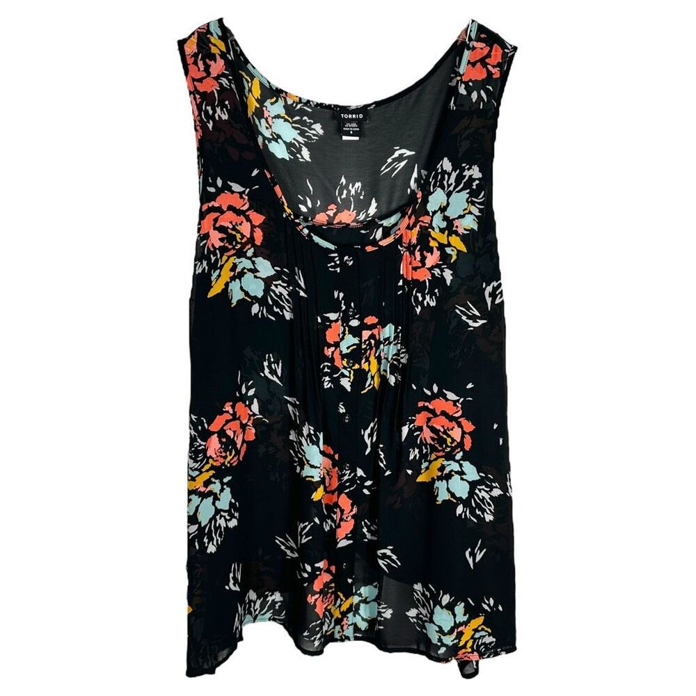 Torrid Plus Sz 4X Tank Top Chiffon Black Floral Split Tulip Back Semi Sheer 267